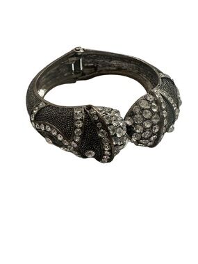Crystal Accented Silver-Tone Hinged Bangle Clamper Bracelet
